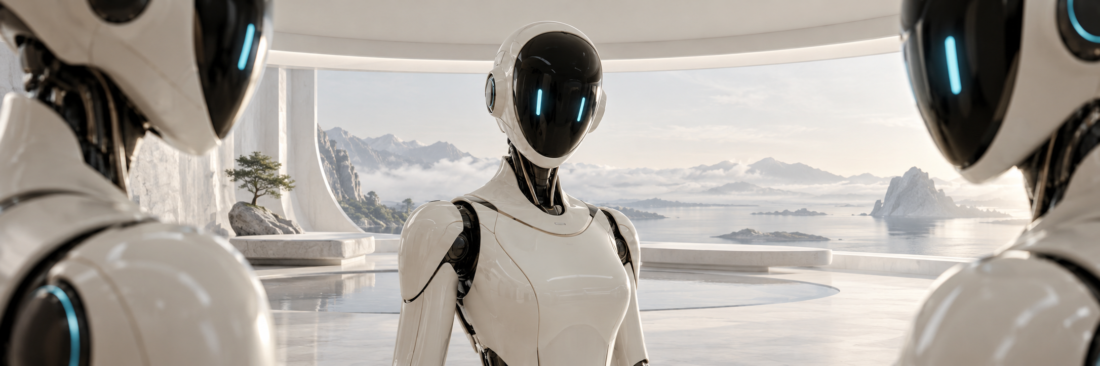 Aydınlık bir gözlemevinde porselen beyazı dijital asistan robotları